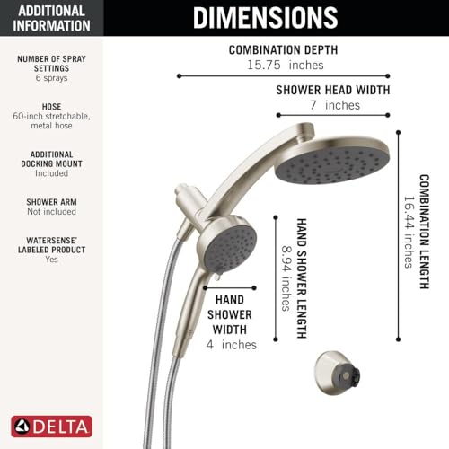 Delta 6-Setting PivotPro 3-in-1 Combination Shower Head with ProClean Spray, Brushed Nickel Round Shower Head Rainfall with Handheld Spray, 1.75 GPM, SpotShield Brushed Nickel 75648SN by DELTA - Used condition - Image 8