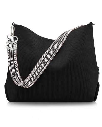 Prite Women’s Corduroy Tote Bag with Zipper, Stylish Shoulder Bag with Adjustment Straps for Work, Travel, Daily Use(Black)