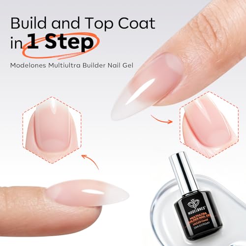 Image of modelones Builder Nail Gel, Clear Builder for Nails No Top Coat Needed, C-Curve Sculpting, Glossy Jelly Finish Crystal Clear, No-Wipe, 9-in-One LED Lamp Cured Color Gel Polish for Quick Diy Salon