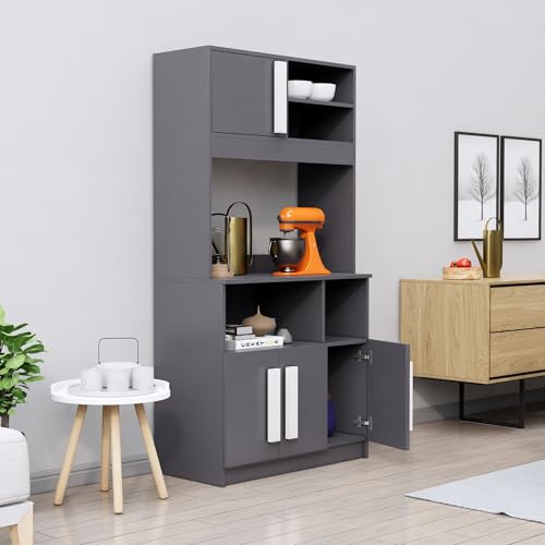Image of Bniture Multipurpose Kitchen Cabinet | Engineered Wood Crockery Cabinet Modern with 4 Doors and Open Shelves | Crockery Unit for Dining Area | Kitchen Crockery Cabinet for Home | Slate Grey