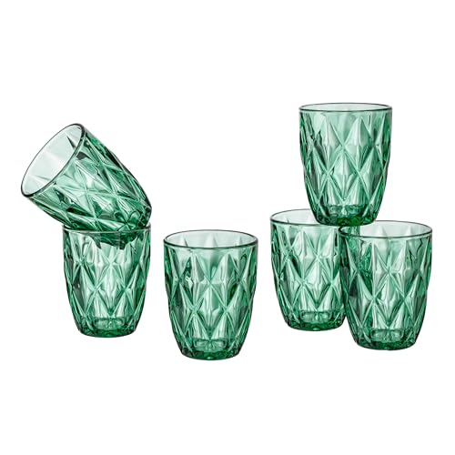 Baroni Home Set 6 pz Bicchieri Diamante in Vetro Colorati e Decorati con Rombo in Rilievo 28 CL, Bicchieri Eleganti Lavabili in Lavastoviglie, 8x8x10 cm Verde