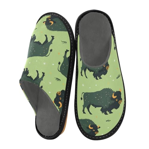 Slippers for Women Bison Pattern on Green Background Soft Fuzzy Women's Slippers Indoor and Outdoor Shoes