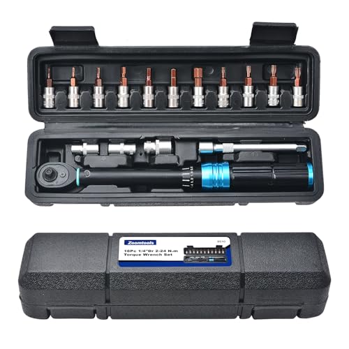 Zoomtools Juego de 16 llaves dinamométricas para bicicleta de 2 a 24 Nm, 1/4 pulgadas de accionamiento ajustable, juego de llaves de trinquete para mantenimiento de bicicletas y motocicletas
