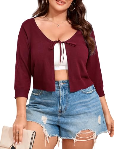 Image of ShopWonder Women's V-Neck Tie Front Shrug 3 /4 Sleeve Rib-Knit Cardigan Sweater Crop Top