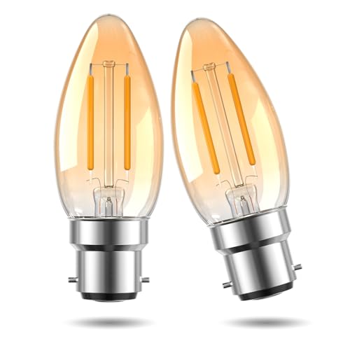 TOBEGLAM 2.5W B22 LED Vintage Candle Light Bulbs Extra Warm White 2200K, C35 Amber Glass BC Bayonet Cap Light Bulbs for Chandeliers, 20W Equivalent Energy Saving Bulbs, 200 Lumen, Non-Dimmable, 2 Pack