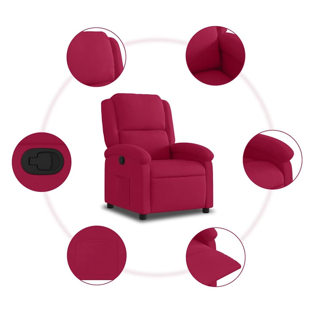 Fotel relaksacyjny w kolorze czerwonego wina aksamitu, z ręczną funkcją leżenia, ergonomiczny, wygodny, z drewnianą ramą i szerokimi podłokietnikami, do salonu, kącika do czytania, lounge