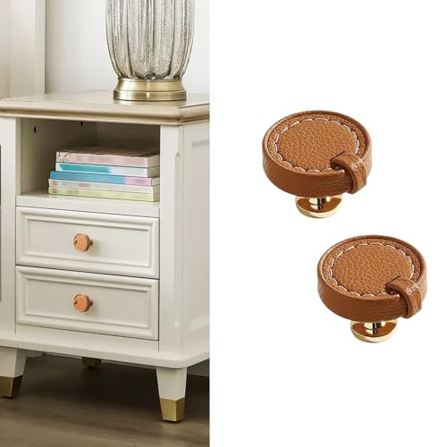 Image of 2 Pack Leather Cabinet Knobs - Brown Round Leather Drawer Pulls for Cabinets, Cupboard, Dressers, Drawers, Bedroom