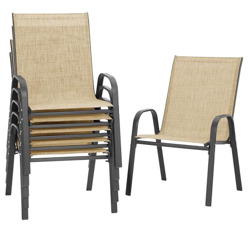 Image of PIZZELLO Patio Chairs Set of 6, Outdoor Stackable Dining Chairs for All Weather, Lightweight Textilene Outdoor Chair Sets with Armrests, 330Lbs Capacity, for Backyard Porch Poolside Garden (Khaki)