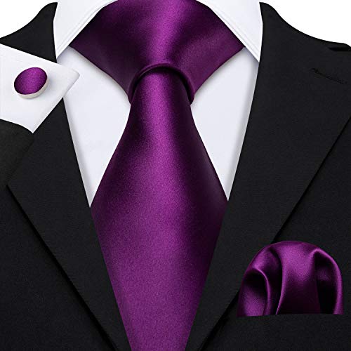 Image of Barry.Wang Plain Men Silk Ties Extra Long Satin Necktie for Wedding Business Handkerchief Cufflinks Set Solid Colors