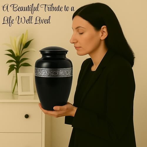 Image of Silver Engraved Aluminium Cremation Urn for Human Ashes Adult - Handcrafted Funeral Memorial Ash Storage Urn - Bag Included (Black, 6.5 inch x 6.5 inch x 10.5 inch - 200lbs or 91kg)