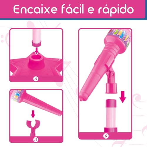 Guitarra e Microfone Infantil Instrumento Brinquedo Musical com Luz e Som Pedestal Karaokê Conecta C