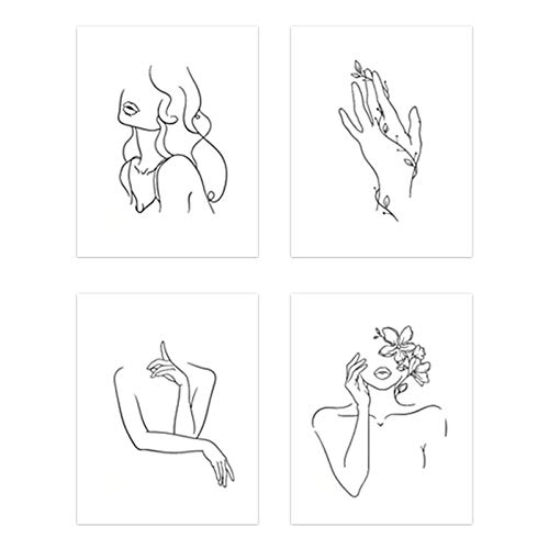 WERTAZ Tirages d'art au trait minimaliste Ensemble de 4 affiches d'art esthétique | Art mural Peinture minimaliste | Art mural minimal | Dessin Poster Impressions noir / blanc | Sans cadre Cover