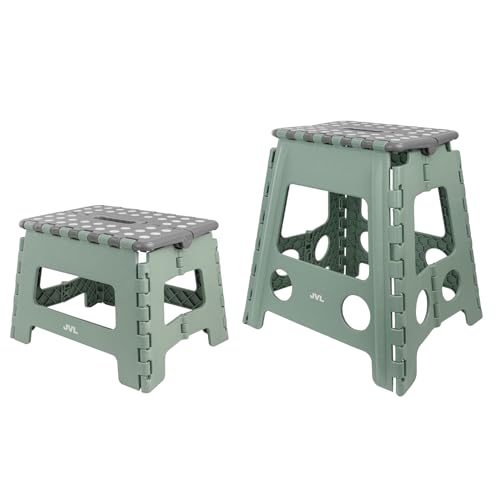 Image of JVL Small & Large Folding Step Stool Set – Multi-Purpose, Kitchen & Bathroom – Green