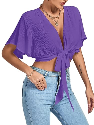 Image of LYANER Women's Sexy Deep V Neck Tie Front Wrap Cropped Blouse Bell Short Sleeve Ruffle Crop Tops