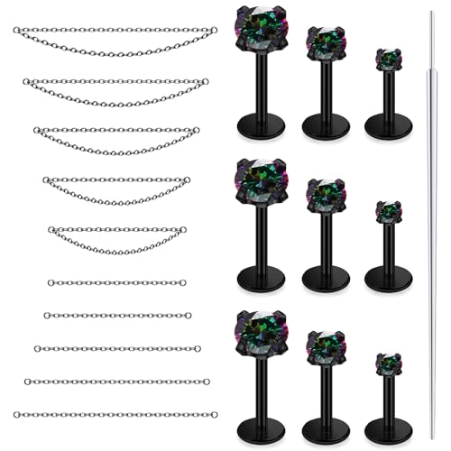 Lsnevsie 18G Threadless Flat Back Earrings Nose Rings Studs Chain Piercing Surgical Steel CZ Lip Nose Rings Stud Tragus Helix Conch Cartilage Earrings Piercing Jewelry For Women Men 18 Gauge Black