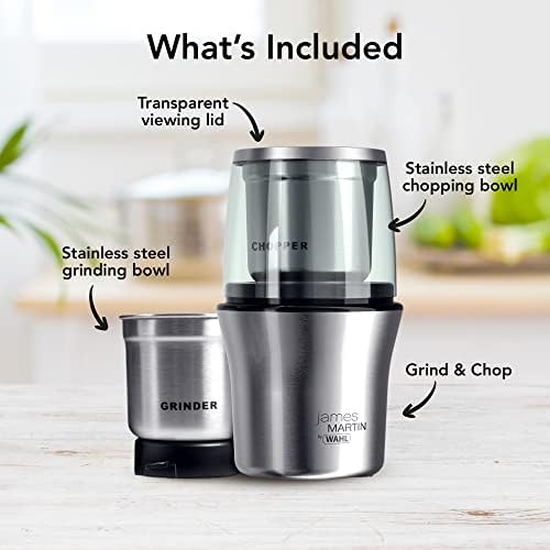 Wahl James Martin Grind and Chop, Electric Grinders Ideal for Coffee, Nuts and Spices, Safety Lock-In Lid, Brushed Stainless Steel, 200W, Capacity 70g