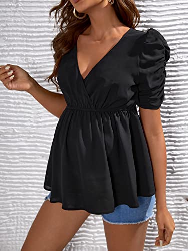 Wdirara Women's Maternity Wrap V Neck Short Puff Sleeve Ruffled Solid Peplum Blouse Top Black L #TOP3