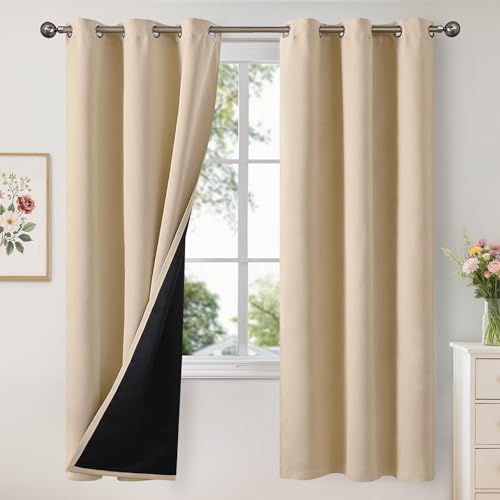 Image of YoungsTex 100% Blackout Curtains 72 Inch Length 2 Panels, Room Darkening Drapes with Liner Thermal Insulated for Bedroom Window, Warm Beige, 42 X 72 Inch
