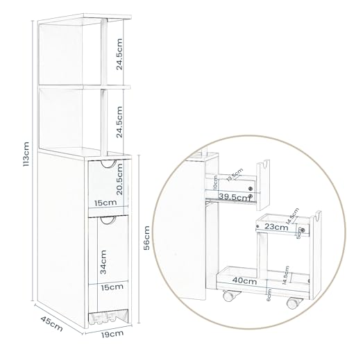 EUGAD Nischenschrank Badezimmer, mit Schublade auf Rollen, offenen Ablagen, Badschrank Badezimmerschrank schmal, Seitenschrank Küchenschrank Mehrzweckschrank, Weiß, 19x113x45 cm (BxHxT)