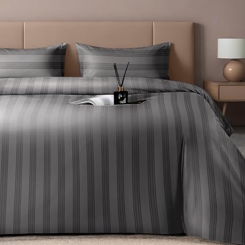 Image of Sassoon Artemis Italian Jacquard Weave Sateen Cotton Bedsheet - 400 TC, Cotton, Stripe Design, King Size (108 x 108 inches), Color: Pebble, Soft, Breathable, - 1 Bedsheet + 2 Pillow Covers
