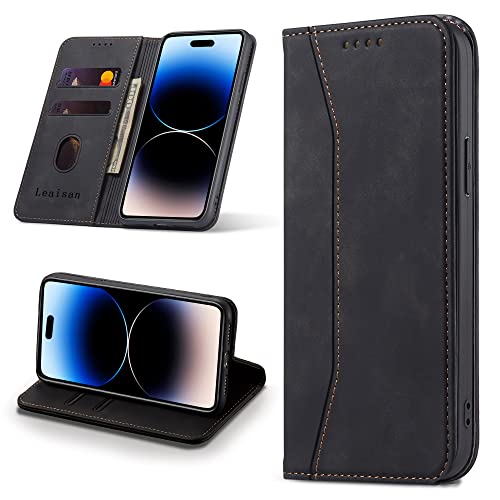Leaisan Handyhülle für iPhone 14 Pro Hülle Premium Leder Flip Klappbare Stoßfeste Magnetische [Standfunktion] [Kartenfächern] Schutzhülle für iPhone 14 Pro 5G Tasche - Schwarz Cover