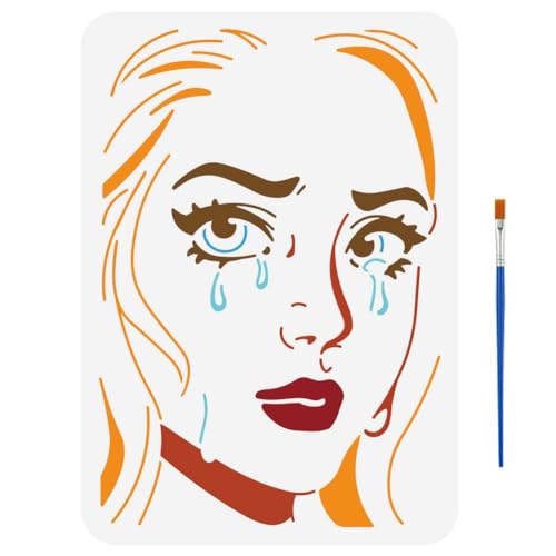 FINGERINSPIRE Plantilla de Pintura de Mujer Entre Lágri 21x29.7cm Plantilla de Retrato de Mujer con 1 pinceles de Plástico Plantilla de Patrón de Rostro de Mujer para Pintar En la Pared Muebles