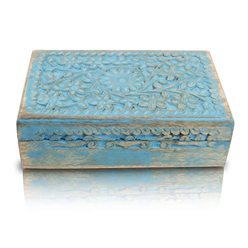 Great Birthday Gift Ideas Handmade Decorative Wooden Jewelry Box Jewelry Organizer Keepsake Box Treasure Chest Trinket Holder Watch Box Storage Box Housewarming Gifts Women (Blue Wash Finish) #TOP3