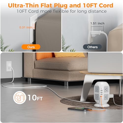 image for Tower Surge Protector Power Strip 10 ft, TESSAN Long Flat Extension Co