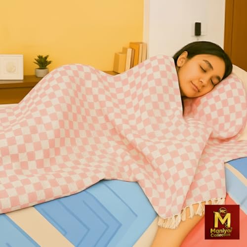 Image of MANIYAR COLLECTION Handloom Bhagalpuri Cotton Silk Mix Dull Andi 3D Checked Chadar - Soft Grey Comforter & Odhnewali Blanket for All-Season Sleeping - (220x125cm - Size) (Pink)