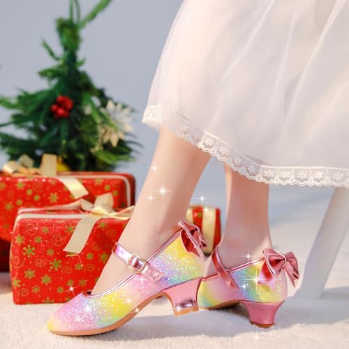 Image of Dufannie Girls Dress Shoes Low Heel Princess Flats Mary Jane Flower Wedding Party Glitter Shoes for Kids Toddler