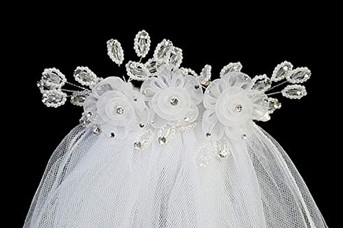 Swea Pea & Lilli Girls First Communion Veil - White Holy 1st Communion Headpiece with Comb, Organza Flowers with Rhinestone, Pearls, and Crystals4