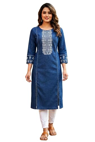 Image of Women's Blue Denim Embroidered Straight Kurti with 3 /4 Sleeves | Geometric Design Round Neck Kurta for Casual, Office