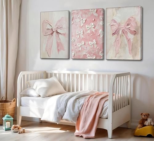 Image of 3Pcs Trendy Pink Bow Canvas Wall Art Vintage Cute Preppy Watercolor Bow Painting Pictures Wall Decor Posters Prints Girly Aesthetic for College Apartment Bedroom Decoration