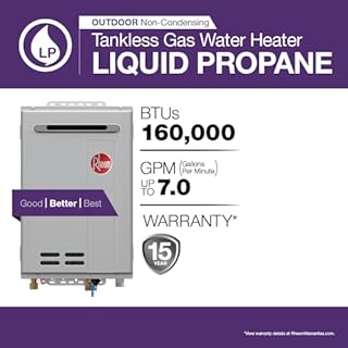 Rheem RTG-70XLP-3 High Efficiency Non-Condensing Outdoor Tankless Liquid Propane Water Heater 7.0 GPM, 160,000 BTUs