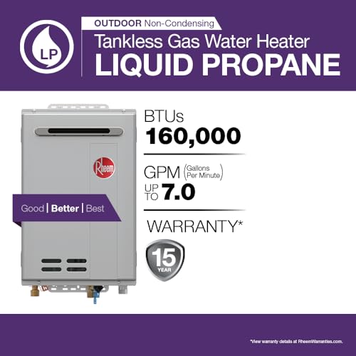 Rheem RTG Series 7.0 GPM Liquid Propane Tankless Water Heater Outdoor | 160,000 BTUs High Efficiency On Demand, Continuous Hot Water | Non-Condensing