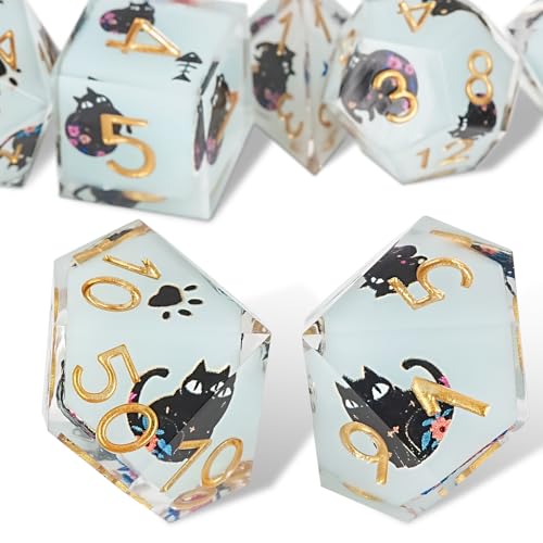 DND Dice Set 7Pcs,Cute Cat&Flowers Style Polyhedron Resin Dice for D&D RPG