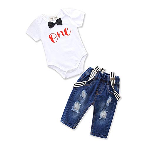 Toddler Baby Boy 1st Birthday Clothes Set Bowtie Romper Suspenders Ripped Denim Pants Outfits (90/12-18 Months, red-short1)