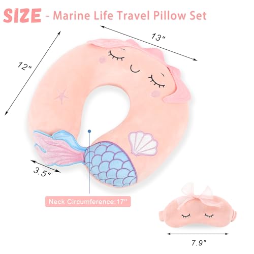 Image of Travel Pillow, Travel Accessories for Car Airplane Traveling, Soft Memory Foam Kids Travel Pillow with Sleep Eye Mask Kids Neck Pillow for Boys & Girls - Cute Pink Mermaid