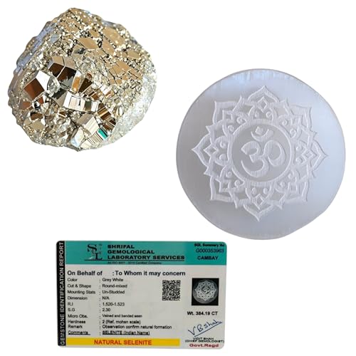 Image of inchOriginal Pyrite Stone with Natural Selenite Charging Plate | Lab Certified Crystal Set for Wealth, Business Luck, Reiki Healing & Vastu Energy inch (SEL+OM)