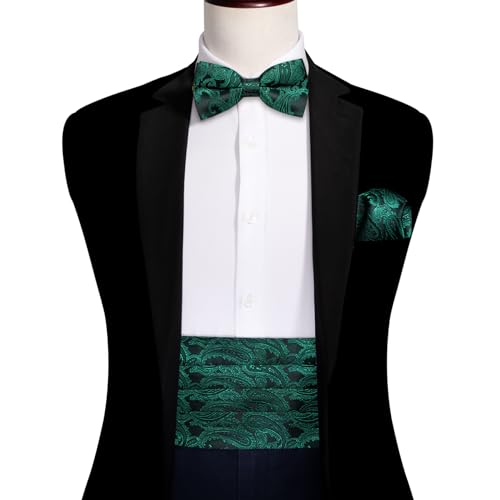 Image of YOHOWA Men Cummerbund Bow Tie Set Silk Paisley Formal Pre-Tied Bowtie Pocket Square Cufflinks Wedding Party Prom