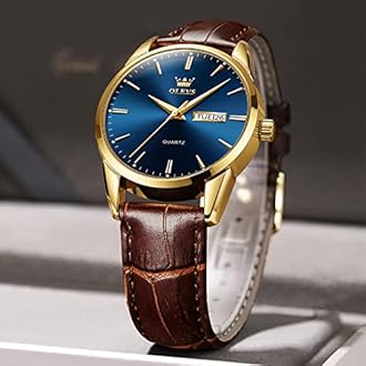 OLEVS Men Wrist Watches for Men Brown Leather Gold