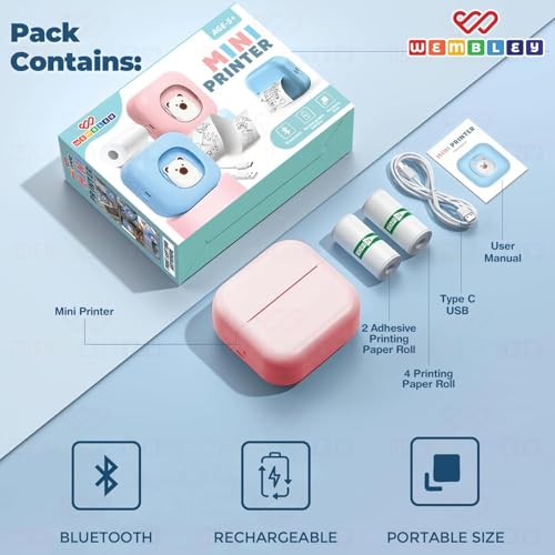 Image of Wembley Mini Bear Themed Thermal Printer| Portable, Wireless & Rechargeable| Safe & Ink-Free Color Printer for Kids Age 5+| Print Anytime, Anywhere (Pink)