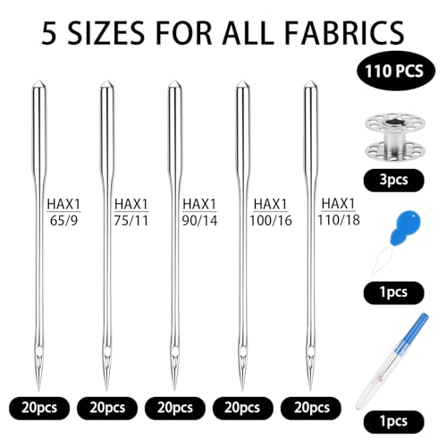 Hoiny 100 Pcs Universal Sewing Machine Needles, 5 Size Needles with Bobbin, Needle Threader, Ripper, Compatible with Singer Brother Janome (HAX1 65/9,75/11,90/14,100/16,110/18)