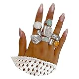 Muorruo 7-Piece Set of Chunky Square Silver Rings, Open Statement Rings, Vintage Rings with Coloured Rhinestones, Personalised, Jewellery Accessories as a Gift