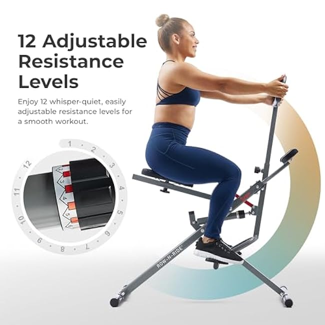 Sunny Health & Fitness Row-N-Ride PRO, Full Body Combo Squat Machine w/Optional Resistance Band, Easy Setup Ab Workout Exercise Equipment for Home, Whole Body Cardio, Optional SunnyFit App Connection