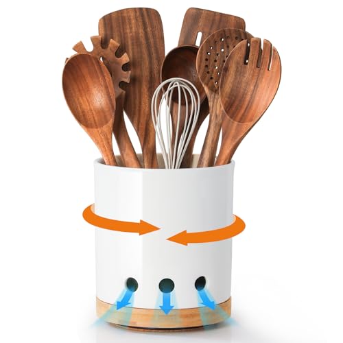 Image of LoeJan 7.3 inch 360 Rotating Ceramic Utensil Holder for Kitchen Countertop - Cooking Utensil Crock Organizer with Non-Slip Cork Base for Farmhouse Kitchen Decor, White