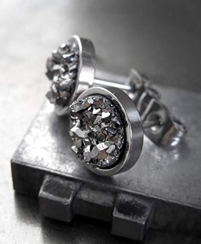 Gunmetal Grey Stud Earrings With Simulated Druzy - Modern Large Unisex Mens Post Earrings #TOP5