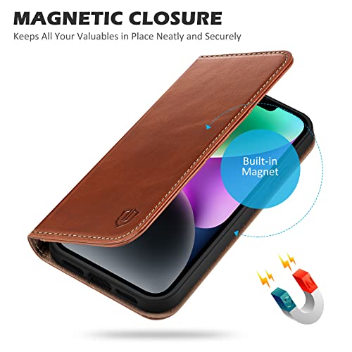 Shieldon Case For Iphone 14 6.1" 2022, Genuine Leather Folio Wallet Case Magnetic Closure Rfid Blocking Credit Card Slots Kickstand Full Protection Case Compatible With Iphone 14 5G - Retro Brown #TOP6