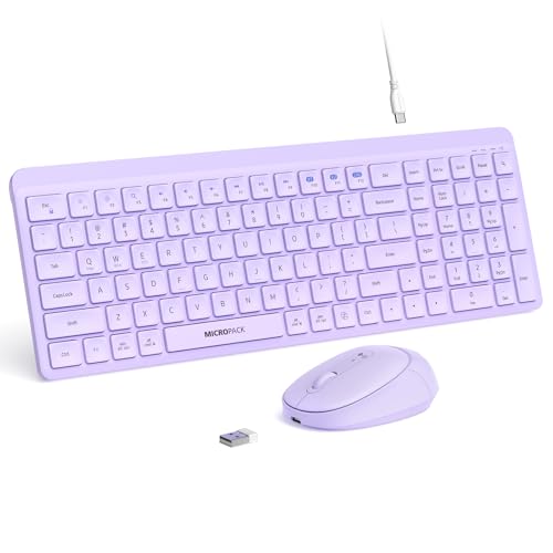 Purple Wireless Keyboard and Mouse Combo for Desktop Mac iPad Bluetooth 2.4 Ghz Rechargeable Slim Silent Click with Number Pad Compatible with Pc, Laptop, Tablet (Purple) by MICROPACK Digitally Yours - Used condition - US$25.91