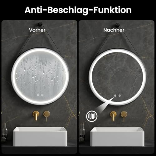 Trintion LED Spiegel Bad mit Beleuchtung 50cm Rund – Touch-Schalter, Beschlagfrei, Dimmbar – Badezimmerspiegel mit Licht für Make-up & Rasu Abnehmbarem Lederband 3